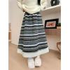 image:imagechouyatou Womens Winter Warm Fleece Lined Wool Skirt Striped Lace Crochet Eyelet A Line Flared Midi SkirtLight Grey