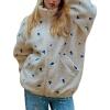 image:imagechouyatou Womens Floral Embroidered Sherpa Fleece Jackets Zipper Coat Winter Warm Outwear with PocketsBeige
