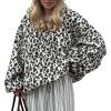 image:imagechouyatou Womens Leopard Pattern Faux Fur Pullover Jacket Winter Warm Zip Up Sherpa Sweatshirt TopsWhite