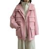 image:imagechouyatou Womens Winter Hooded Wool Coat Casual Loose Trench Pea Coat Zip Up Wool Blend Utility Safari JacketPink