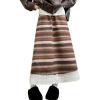 image:imagechouyatou Womens Winter Warm Fleece Lined Wool Skirt Striped Lace Crochet Eyelet A Line Flared Midi SkirtBrown