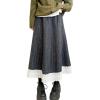 image:imagechouyatou Womens Winter Warm Fleece Lined Wool Skirt Striped Lace Crochet Eyelet A Line Flared Midi SkirtDark Grey