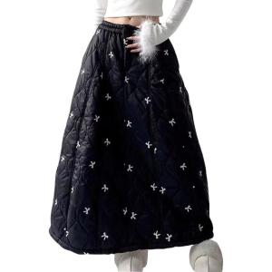 image:imagechouyatou Women Winter Floral Padded ALine Quilted Skirt Elastic Waist Warm Maxi Puffer Insulated SkirtBlack