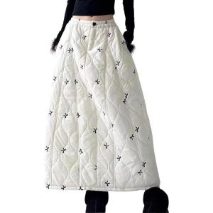 image:imagechouyatou Women Winter Floral Padded ALine Quilted Skirt Elastic Waist Warm Maxi Puffer Insulated SkirtWhite