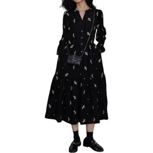 image:imagechouyatou Womens 2025 Fall Floral Corduroy Shirt Dress Button Down ALine Midi Long Winter DressBlack