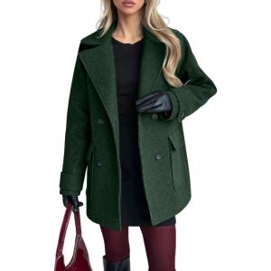 image:imagechouyatou Womens 2025 Fall Winter Double Breasted Wool Coat Mid Long Dressy Casual Pea Coat OvercoatGreen