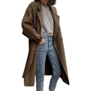 image:imagechouyatou Womens 2025 Winter Business Casual Wool Coat Double Breasted Midi Long Winter Trench CoatBrown