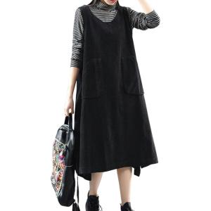 image:imagechouyatou Womens Babydoll Sleeveless Corduroy Overall Dress Zip Up Fall Winter Midi Jumper Tank DressBlack