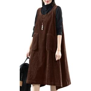image:imagechouyatou Womens Babydoll Sleeveless Corduroy Overall Dress Zip Up Fall Winter Midi Jumper Tank DressBrown