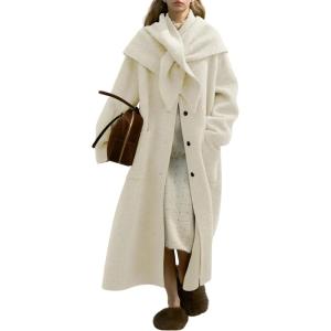 image:imagechouyatou Womens Button Down Wool Coat Loose Fit Trench Coat Winter Mid Long Overcoat with Removable ScarfBeige