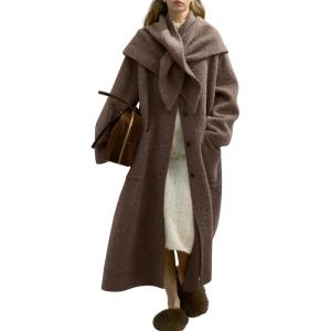 image:imagechouyatou Womens Button Down Wool Coat Loose Fit Trench Coat Winter Mid Long Overcoat with Removable ScarfCoffee