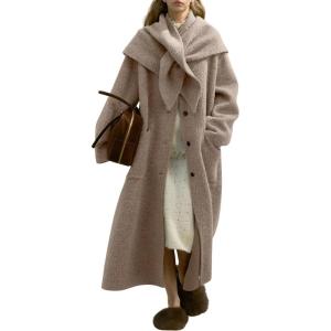 image:imagechouyatou Womens Button Down Wool Coat Loose Fit Trench Coat Winter Mid Long Overcoat with Removable ScarfKhaki