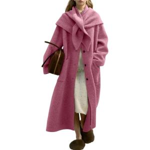 image:imagechouyatou Womens Button Down Wool Coat Loose Fit Trench Coat Winter Mid Long Overcoat with Removable ScarfRose Red