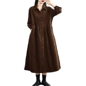 image:imagechouyatou Womens Fall Button Down Corduroy Shirt Dress Long Sleeve ALine Pleated Midi Long Winter DressBrown