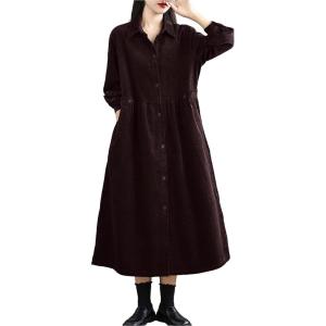 image:imagechouyatou Womens Fall Button Down Corduroy Shirt Dress Long Sleeve ALine Pleated Midi Long Winter DressCoffee