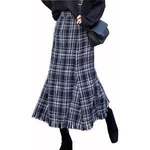 image:imagechouyatou Womens Fall Winter Elegant Plaid Tassels Fringe Lined Tweed Zip Up A Line Long Midi SkirtBlue