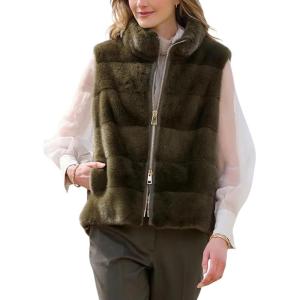 image:imagechouyatou Womens Fall Winter Faux Fur Vest Jacket Casual Zip Up Sleeveless Furry Faux Fur CoatArmy Green