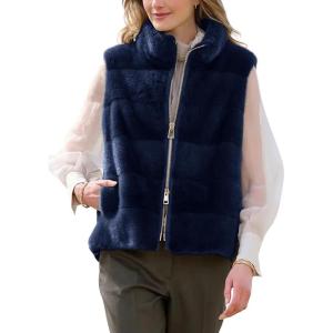 image:imagechouyatou Womens Fall Winter Faux Fur Vest Jacket Casual Zip Up Sleeveless Furry Faux Fur CoatNavy Blue