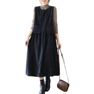 image:imagechouyatou Womens Fall Winter Sleeveless Corduroy Overall Dress Jumper Maxi Babydoll Tank Dress with PocketBlack