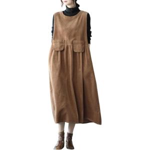 image:imagechouyatou Womens Fall Winter Sleeveless Corduroy Overall Dress Jumper Maxi Babydoll Tank Dress with PocketBrown