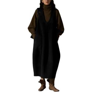 image:imagechouyatou Womens Fall Winter UNeck Wool Overall Dress Sleeveless ALine Midi Long Tank Pinafore Dress with PocketsBlack