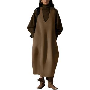 image:imagechouyatou Womens Fall Winter UNeck Wool Overall Dress Sleeveless ALine Midi Long Tank Pinafore Dress with PocketsBrown