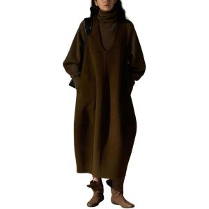 image:imagechouyatou Womens Fall Winter UNeck Wool Overall Dress Sleeveless ALine Midi Long Tank Pinafore Dress with PocketsCoffee