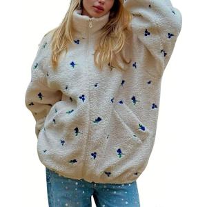 image:imagechouyatou Womens Floral Embroidered Sherpa Fleece Jackets Zipper Coat Winter Warm Outwear with PocketsBeige
