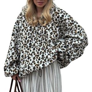 image:imagechouyatou Womens Leopard Pattern Faux Fur Pullover Jacket Winter Warm Zip Up Sherpa Sweatshirt TopsWhite