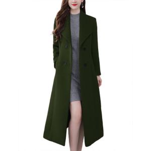image:imagechouyatou Womens Maxi Long Wool Blend Pea Coat Shawl Collar Double Breasted Winter Trench Coat OvercoatArmy Green