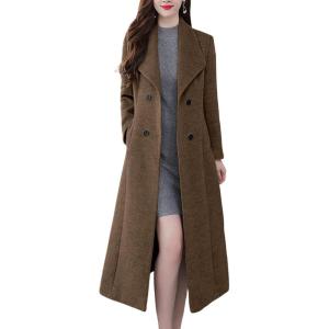image:imagechouyatou Womens Maxi Long Wool Blend Pea Coat Shawl Collar Double Breasted Winter Trench Coat OvercoatBrown
