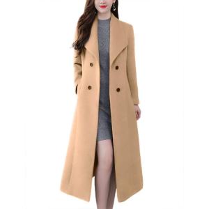 image:imagechouyatou Womens Maxi Long Wool Blend Pea Coat Shawl Collar Double Breasted Winter Trench Coat OvercoatCamel