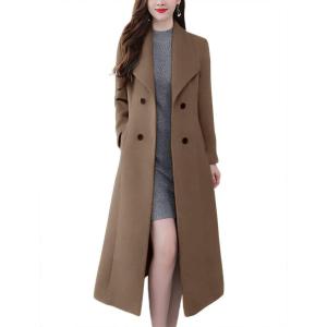 image:imagechouyatou Womens Maxi Long Wool Blend Pea Coat Shawl Collar Double Breasted Winter Trench Coat OvercoatCoffee