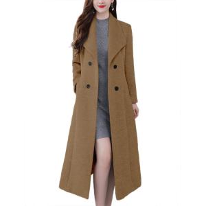 image:imagechouyatou Womens Maxi Long Wool Blend Pea Coat Shawl Collar Double Breasted Winter Trench Coat OvercoatDark Camel