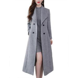 image:imagechouyatou Womens Maxi Long Wool Blend Pea Coat Shawl Collar Double Breasted Winter Trench Coat OvercoatGrey