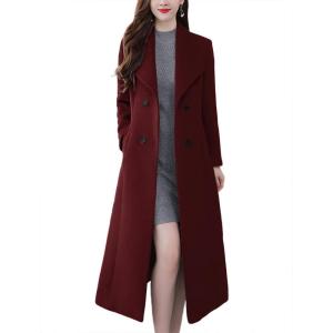 image:imagechouyatou Womens Maxi Long Wool Blend Pea Coat Shawl Collar Double Breasted Winter Trench Coat OvercoatWine Red