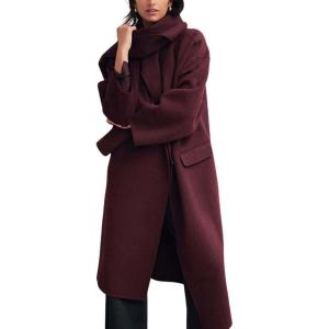 image:imagechouyatou Womens Winter Double Breasted Wool Coat Business Casual Collarless Trench Pea Coat with ScarfBurgundy