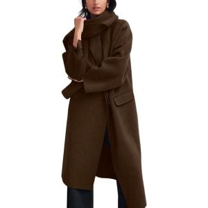 image:imagechouyatou Womens Winter Double Breasted Wool Coat Business Casual Collarless Trench Pea Coat with ScarfCoffee