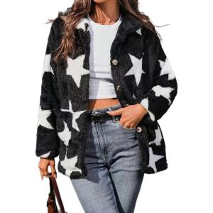 image:imagechouyatou Womens Winter Fuzzy Fleece Star Jacket Oversized Button Down Sherpa Shacket Faux Fur CoatBlack