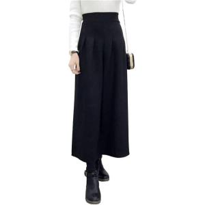 image:imagechouyatou Womens Winter High Waist Wide Leg Wool Blend Palazzo Capri Pants Culottes with PocketsBlack