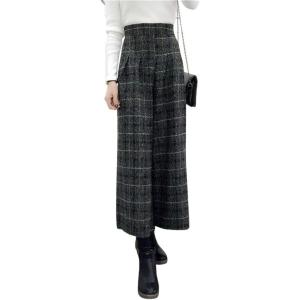 image:imagechouyatou Womens Winter High Waist Wide Leg Wool Blend Palazzo Capri Pants Culottes with PocketsPlaid