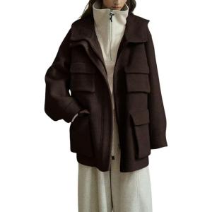 image:imagechouyatou Womens Winter Hooded Wool Coat Casual Loose Trench Pea Coat Zip Up Wool Blend Utility Safari JacketCoffee
