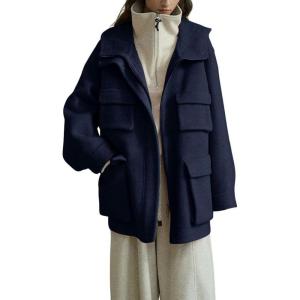 image:imagechouyatou Womens Winter Hooded Wool Coat Casual Loose Trench Pea Coat Zip Up Wool Blend Utility Safari JacketNavy