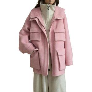 image:imagechouyatou Womens Winter Hooded Wool Coat Casual Loose Trench Pea Coat Zip Up Wool Blend Utility Safari JacketPink
