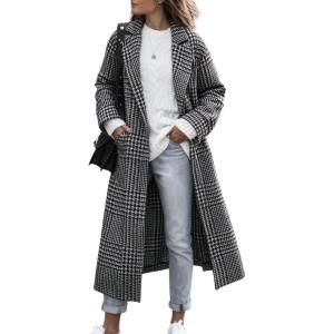 image:imagechouyatou Womens Winter Houndstooth Wool Coat Notch Lapel Midi Long Winter Trench Coat with PocketsBlack