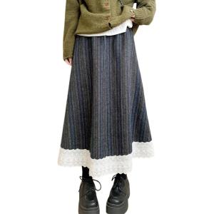 image:imagechouyatou Womens Winter Warm Fleece Lined Wool Skirt Striped Lace Crochet Eyelet A Line Flared Midi SkirtDark Grey