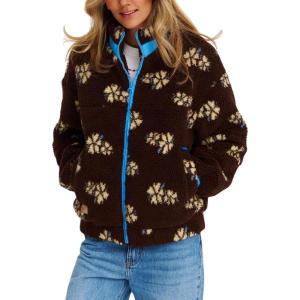 image:imagechouyatou Womens Winter Warm Floral Fuzzy Fleece Jacket Vintage Fall Zip Up Sherpa Jacket Faux Fur CoatBrown