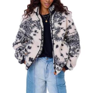 image:imagechouyatou Womens Winter Warm Floral Fuzzy Fleece Jacket Vintage Fall Zip Up Sherpa Jacket Faux Fur CoatWhite