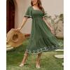 image:imageCHOUYATOU Womens Boho Swiss Dot Smocked Dress Embroidery Ruffle Short Sleeve Flowy Beach Party Midi Long DressesGrass Green