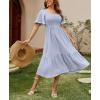 image:imageCHOUYATOU Womens Boho Swiss Dot Smocked Dress Embroidery Ruffle Short Sleeve Flowy Beach Party Midi Long DressesLight Blue